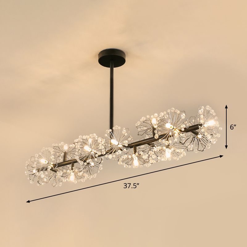 Crystal Bead Blossom Island Lamp Modern Stylish 16 Bulbs Dining Table Suspended Lighting Fixture in Black