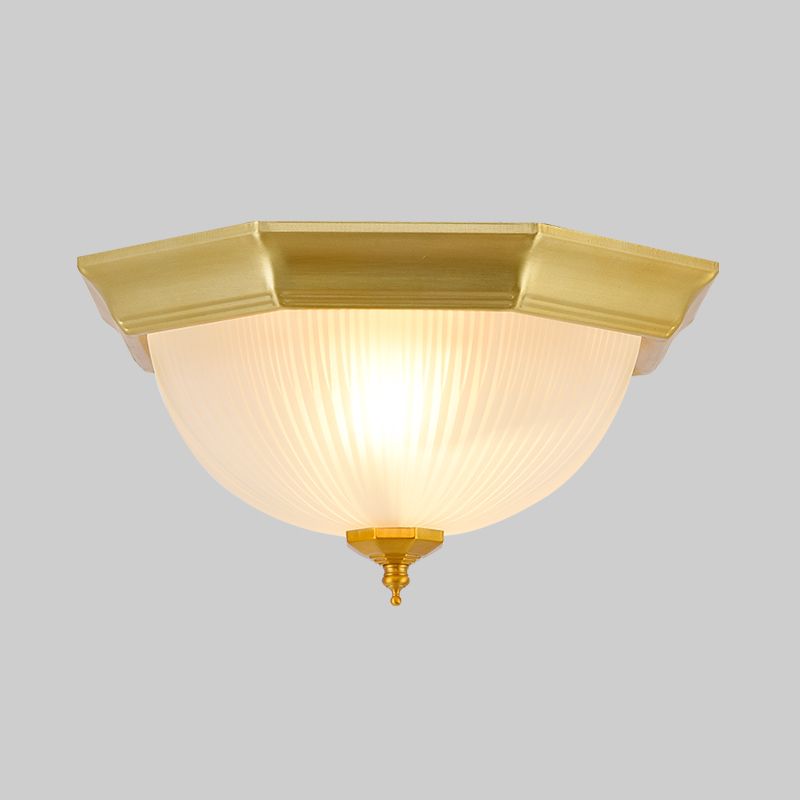 Gold Domed Flushmount Light Colonial Ribbed Glass 2 Lights Corridor Close to Ceiling Lamp