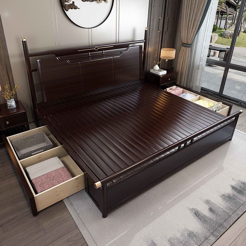 Rubberwood Standard Bed Mid-Century Modern Panel Bed with Headboard