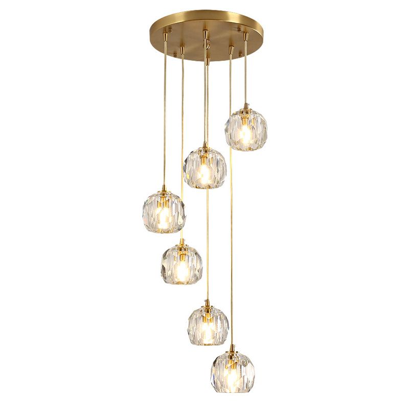 Dome Shade Pendant Light Contemporary Faceted Crystal Staircase Suspension Light Fixture in Brass