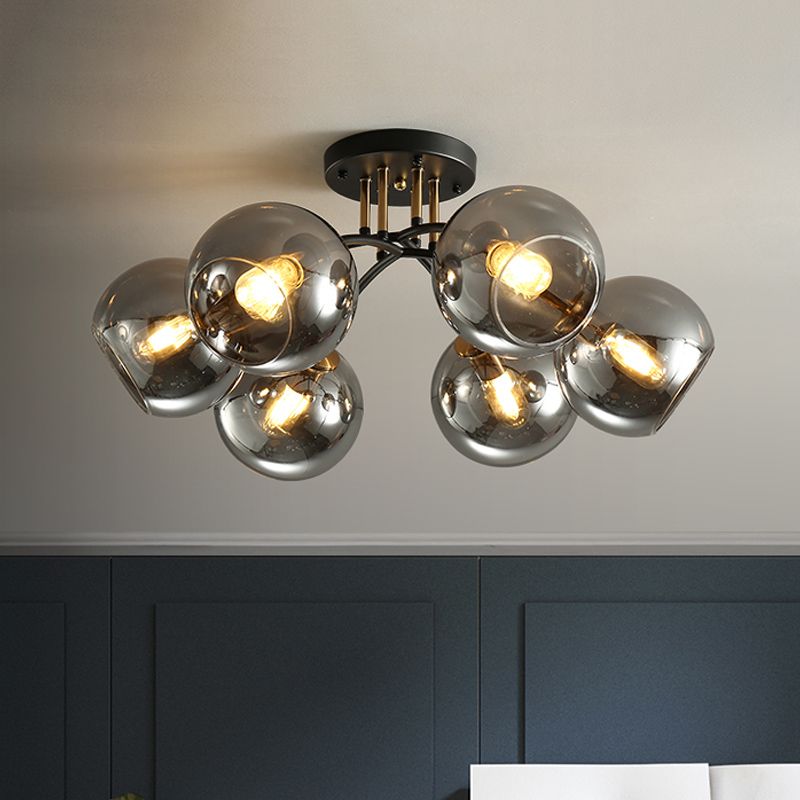 6 Heads Hotel Semi Flush Mount Vintage Black Ceiling Lighting with Orb Smoke/Clear Glass Shade