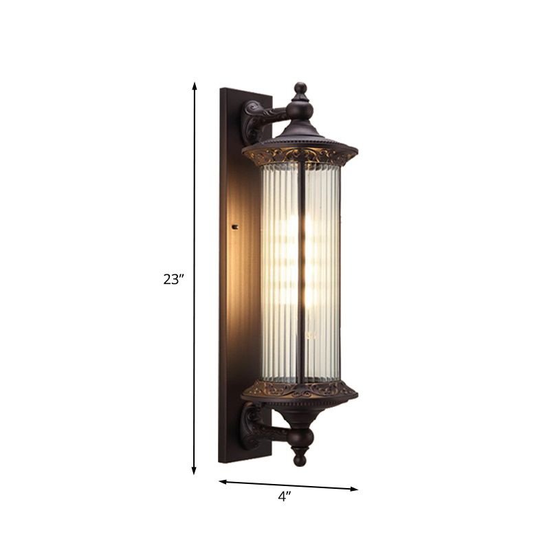 1-Light Sconce Country Outdoor Wall Mount Lamp Fixture with Cylinder Clear Ribbed Glass Shade in Dark Coffee