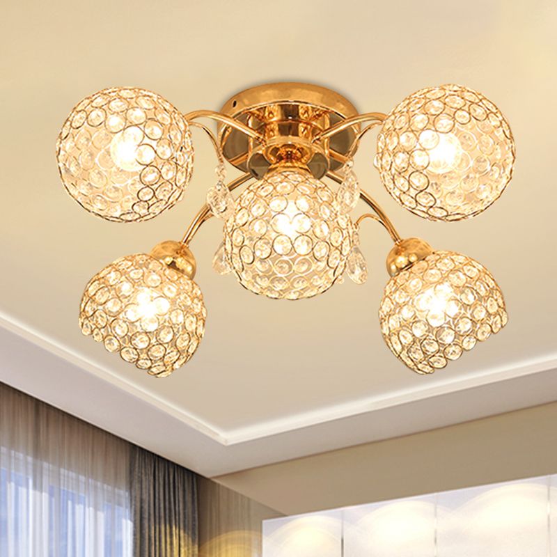 5 Heads Semi Flush Mount with Spherical Crystal Traditional Bedchamber Ceiling Mount