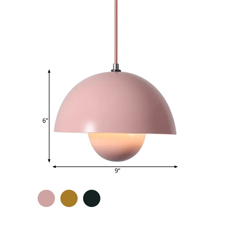 Macaron Dome Pendant Lighting Iron 1 Head Dining Table Suspension Lamp in Pink/Green/Yellow with Inner Capsule Diffuser