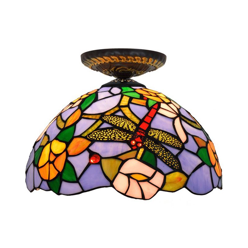 Lampe encastrée Tiffany Dragonfly, 1 ampoule, vitrail proche du plafond, luminaire en laiton