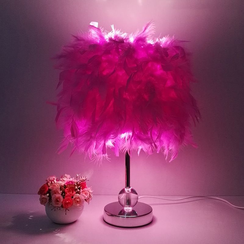 Cylinder Feather Table Lamp Contemporary 1 Bulb Red/Pink/Burgundy Night Stand Light with Crystal Ball