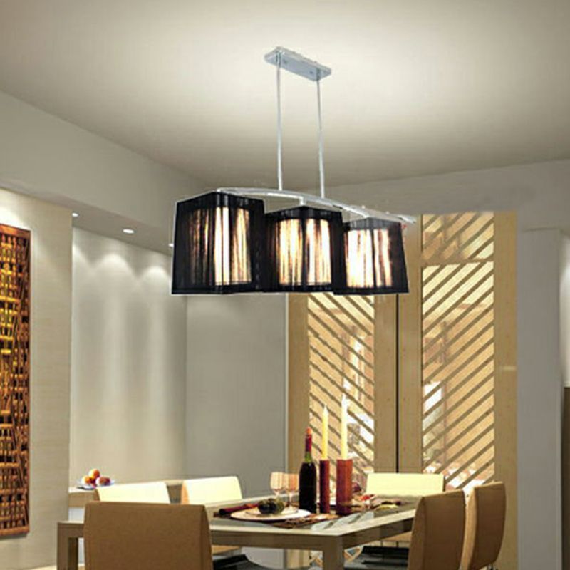 3 Lights Dining Room Island Lighting Traditional Black Hanging Lamp with Rectangle Fabric Shade