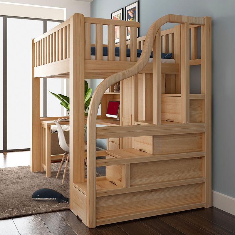 Modern Solid Wood Loft Bed Natural Storage Kids Bed with Guardrails