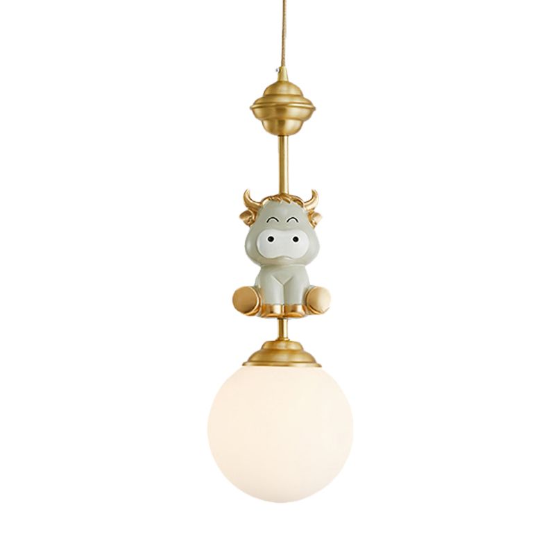 Gold Cow/Tiger Suspension Light Cartoon 1 Bulb Resin Ceiling Pendant with Global White Glass Shade