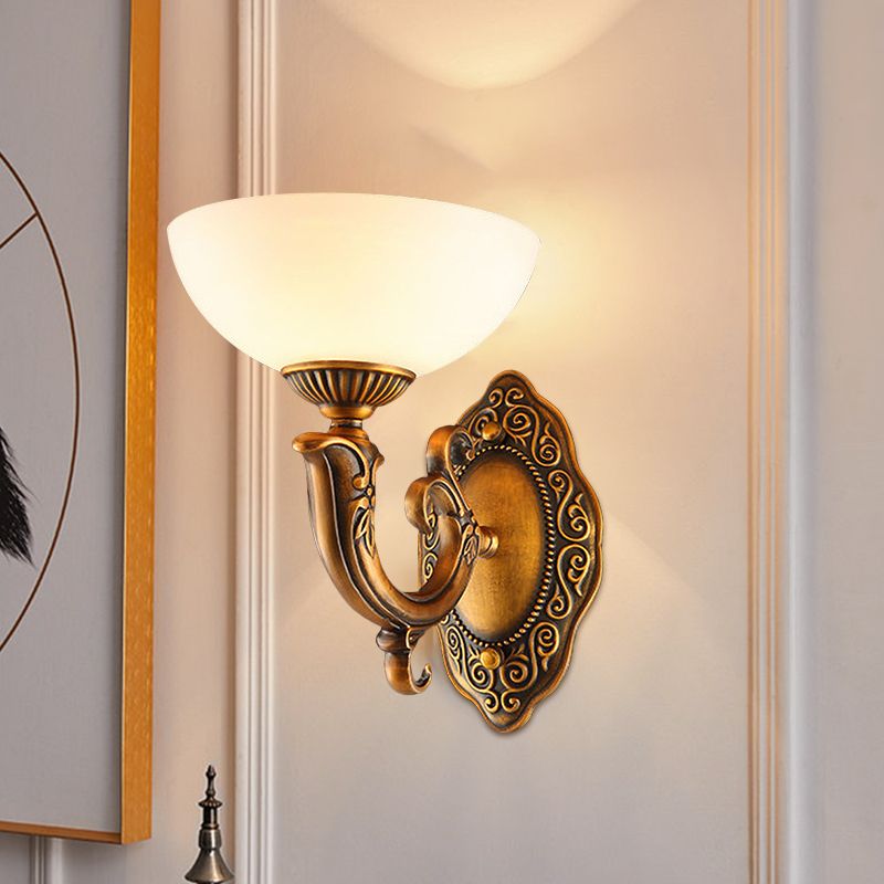 Rustic Swooping Arm Wall Light Sconce 1/2-Light Metal Wall Lighting Ideas in Brass with Bowl Frosted Glass Shade
