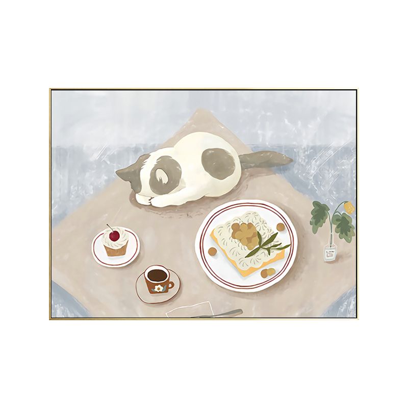 Pastel Color Cartoon Cat Painting Textured Contemporary Style Dining Room Wall Art