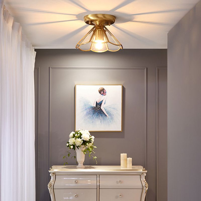 Brass Ceiling Mounted Fixture Vintage-Style Glass Shaded Semi Flush Ceiling Light