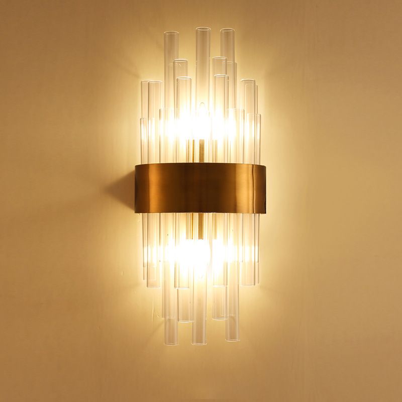 2 Heads Bedroom Wall Mount Light Postmodern Gold Sconce Light with Cylinder Fluted Crystal Shade