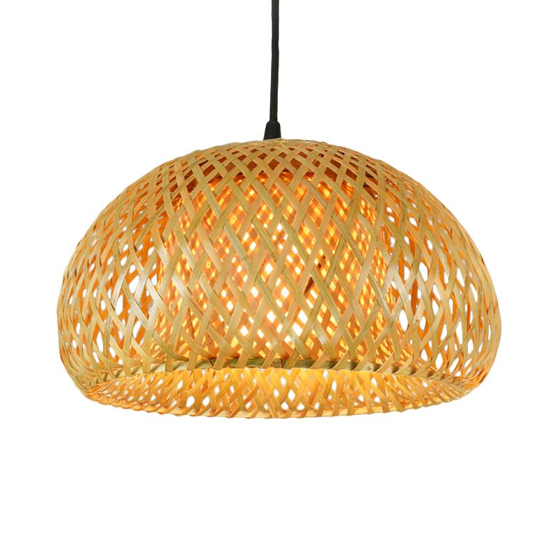 Double-Decker Dome Shade Hanging Pendant Rustic Bamboo 1 Light Hanging Lamp for Farmhouse Restaurant