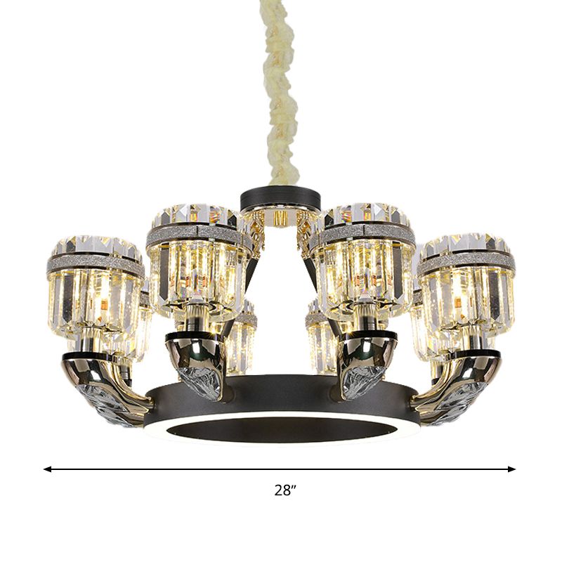 Beveled Crystal Cylinder Chandelier Lighting Traditional 6/8 Lights Black LED Hanging Pendant for Bedroom