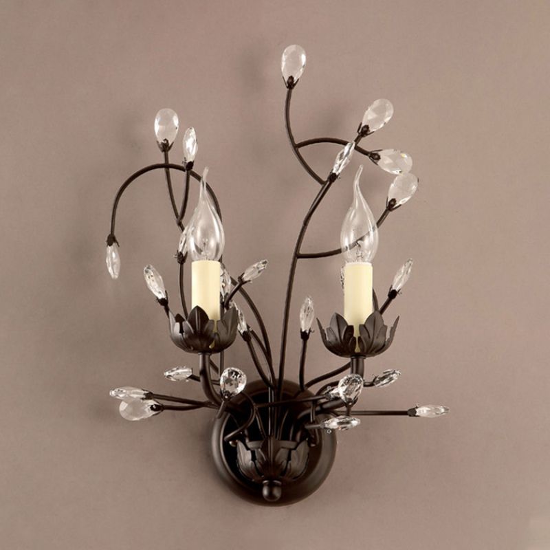 Crystal Candle Shape Wall Sconce Modern Style 2 Lights Wall Light Fixture in Black