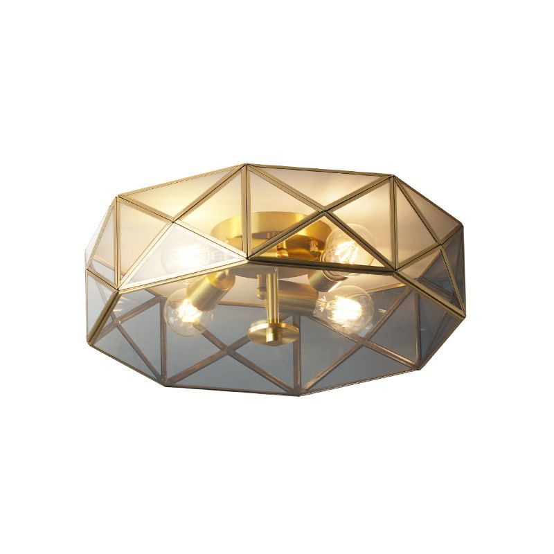 Plafonnier géométrique vintage colonial en cuivre, plafonnier à 4 lumières avec abat-jour en verre