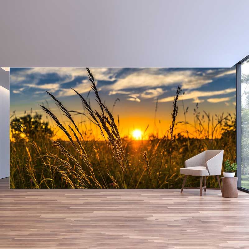 Customized Wheat Field Mural Stain Resistant with Plump Ears of Wheat Pattern for Dining Room