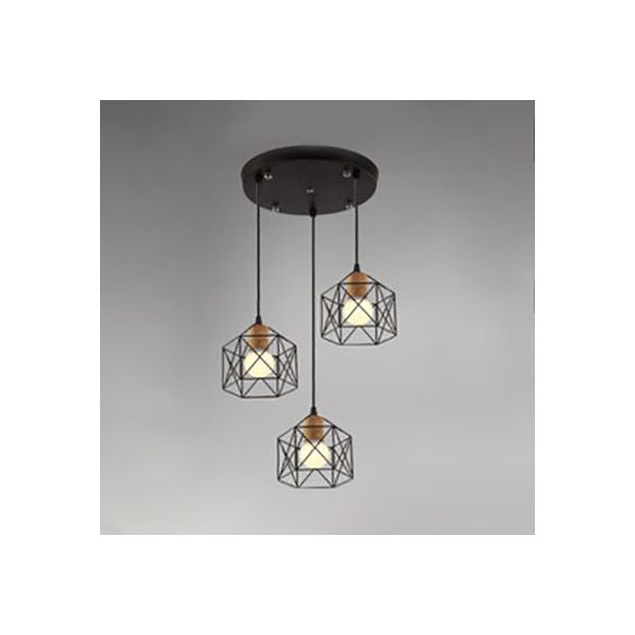 3 Heads Ceiling Fixture Retro Stylish Globe/Hexagon Cage Shade Metal Pendant Light Fixture in Black