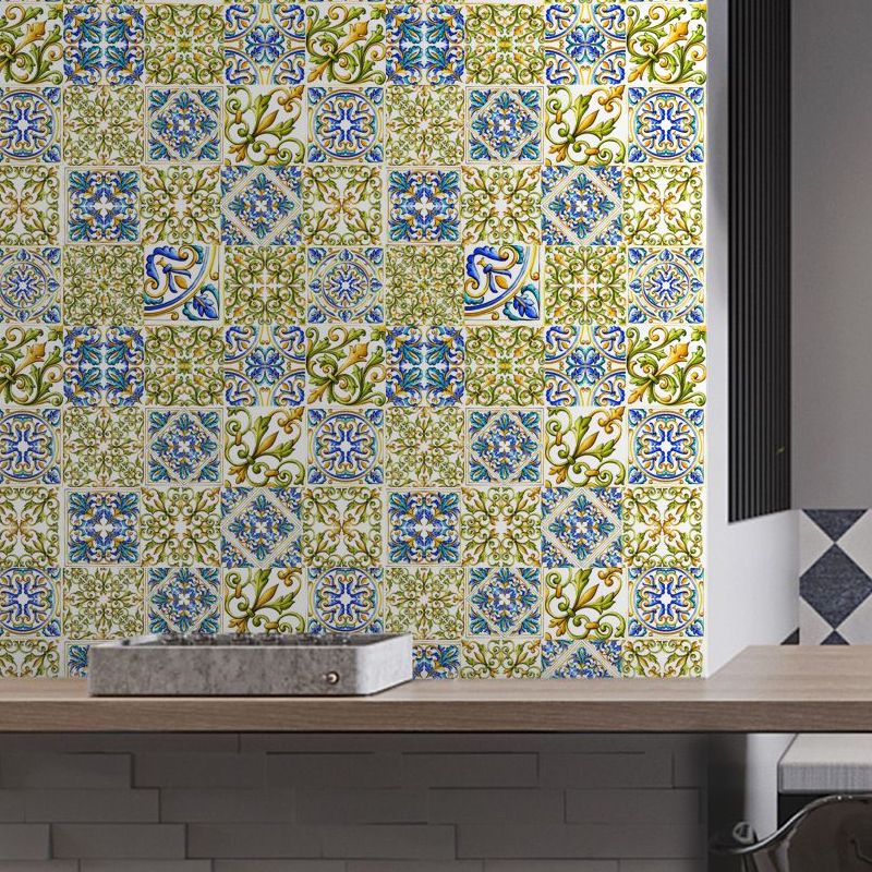 Blue-Green Boho Wallpaper Panel 4.3-sq ft Moroccan Tiles Wall Covering for Dining Room, Stick On