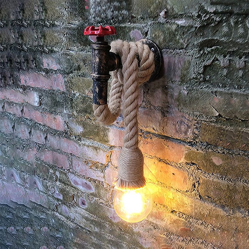 1 leichte verstellbare Seilwandlampe mit offener Glühbirne und Wasserhahn Bauernhaus antike Bronze -Eisenwand -Halterung Licht