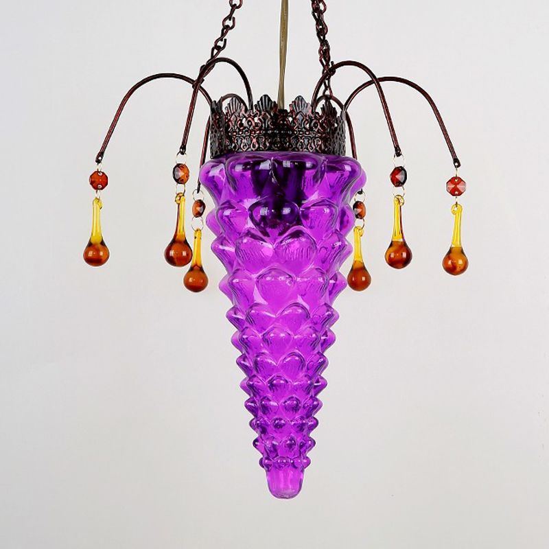 Textured Glass Conical Ceiling Pendant Light Vintage 1 Light Red/Yellow/Blue Dining Room Suspension Lighting Fixture