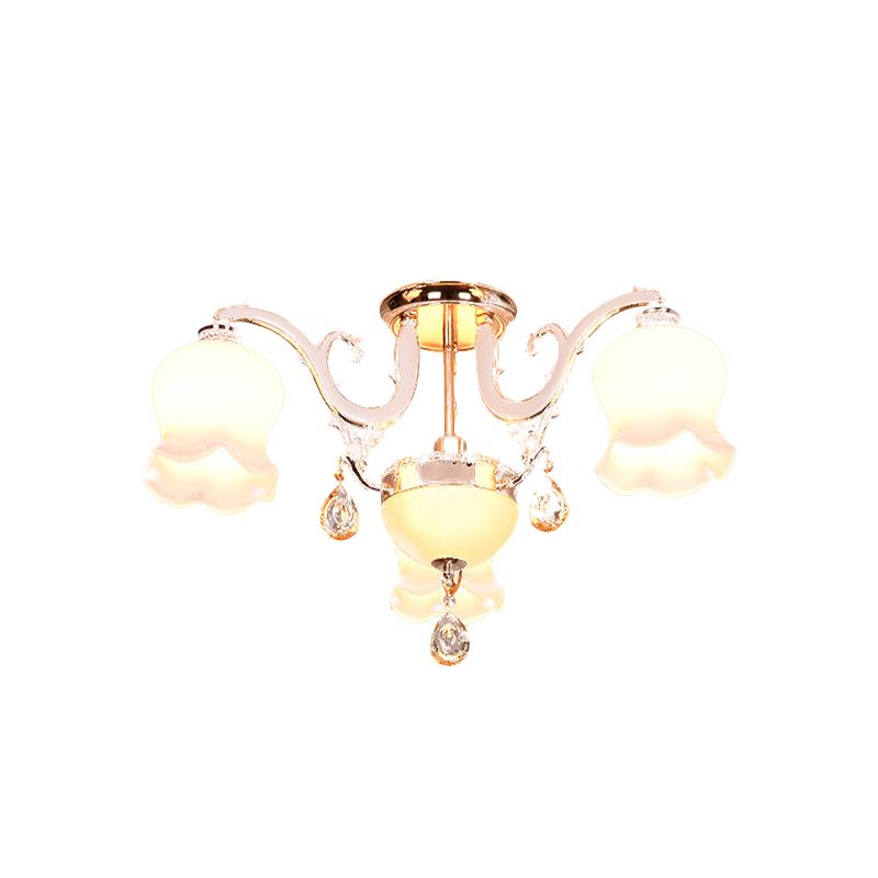 Traditional Scalloped Semi Flush 4/7 Light Opal Glass Ceiling Flush Mount Light in Gold with Crystal Drop