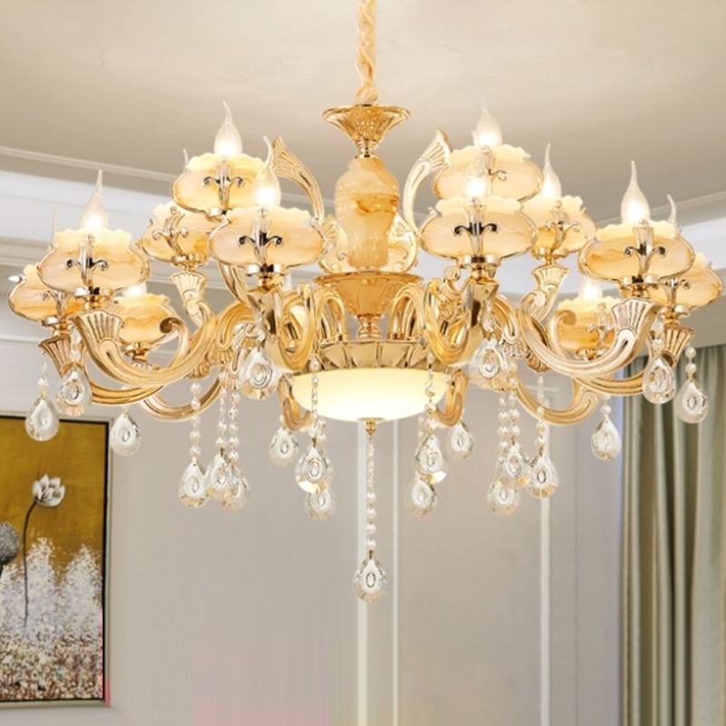 Gold Floral Shade Chandelier Light Retro Glass Living Room Pendant Light Fixture with Hanging Crystal
