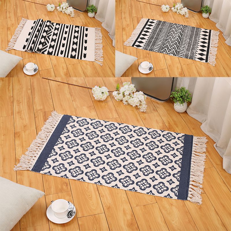 Boho Living Room Area Rug Multi Colored Geometric Patterned Braided Rug Cotton Machine Washable Carpet