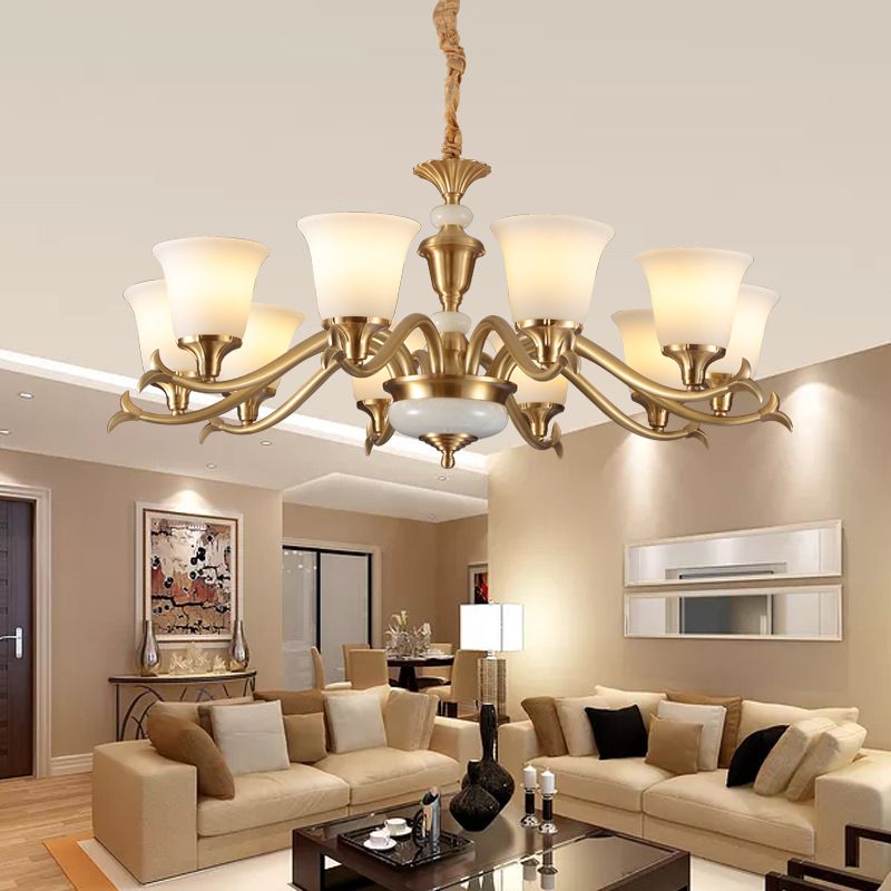 Gold Floral Shade Pendant Light Traditional White Glass Living Room Chandelier