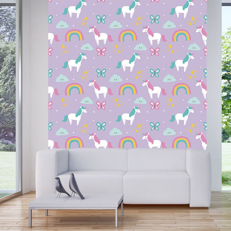 Cartoon Pony Printed Wallpaper Murals Purple-Green Stain Resistant Wall Art for Home