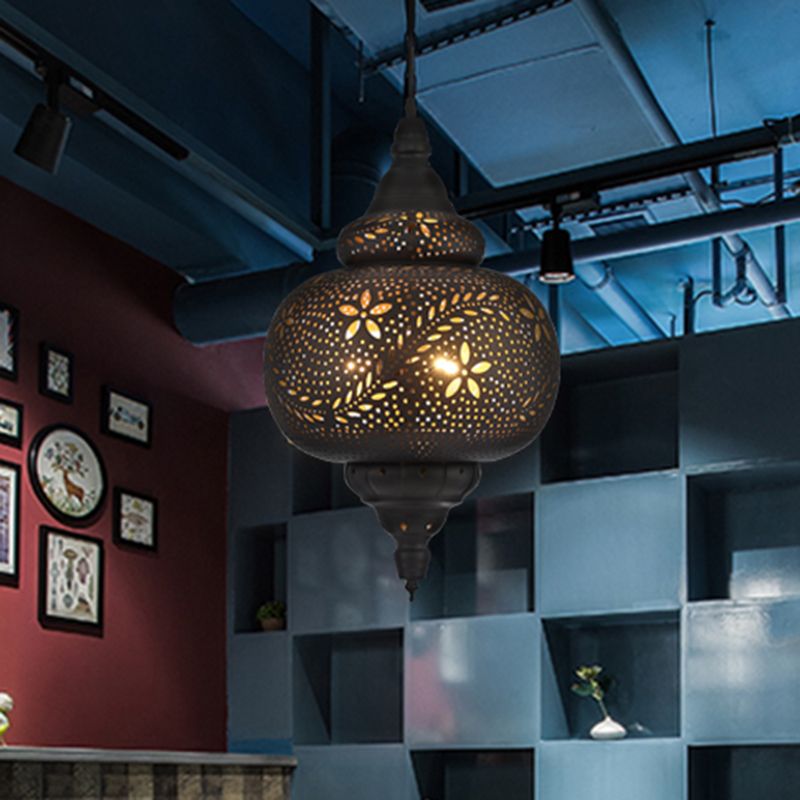 Gourd Hanging Light Traditionary 1 Head Metal Pendant Lighting Fixture in Black, 10"/12" Wide