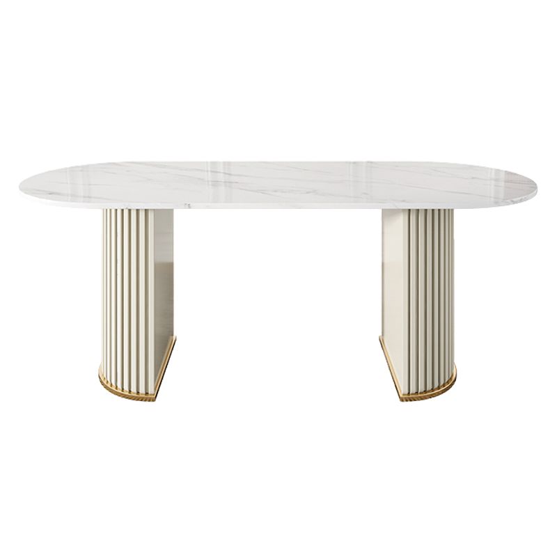 Oval Sintered Stone Top Esstisch Moderner Tisch in Weiß mit doppelter Sockel