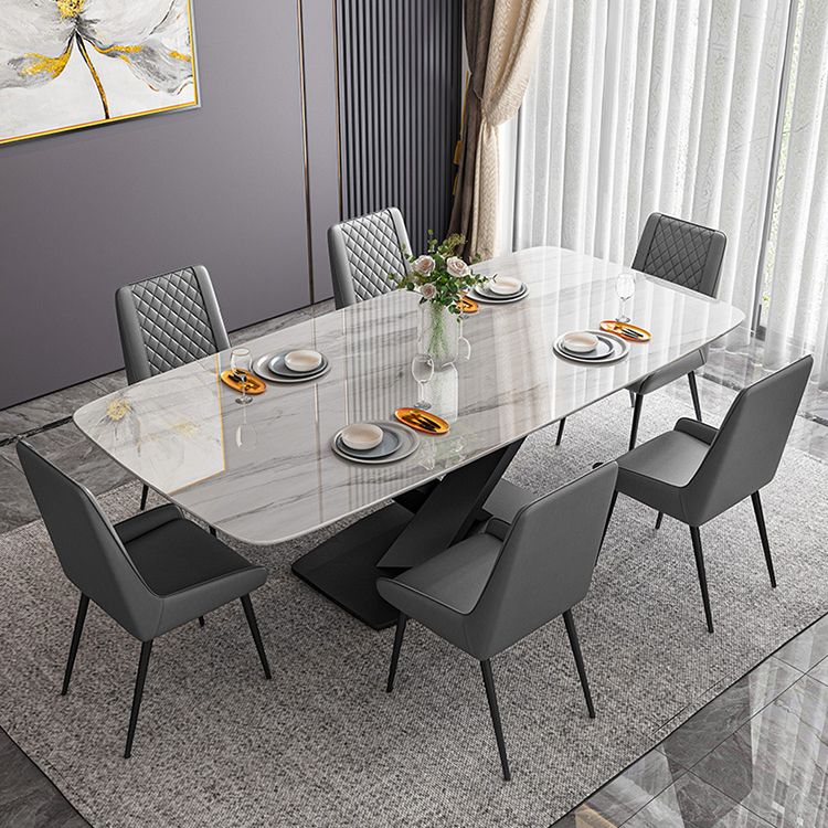 Traditional Luxury Rectangle Dining Table White Sintered Stone Table with Black Pedestal Base