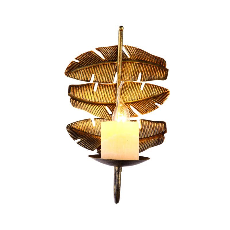 Vintage Leaf Sconce Lighting 1 Bulb Metal Wall Mounted Lamp Fixture in Brass with Cylinder Marble Shade