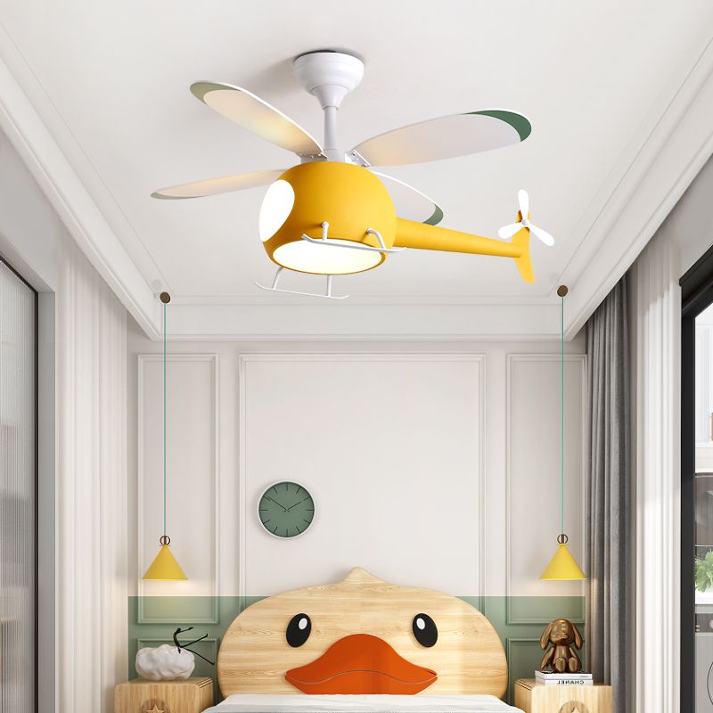 Kids Artistic LED Fan Light Wrought Iron Airplane Pendant Light with Acrylic Shade
