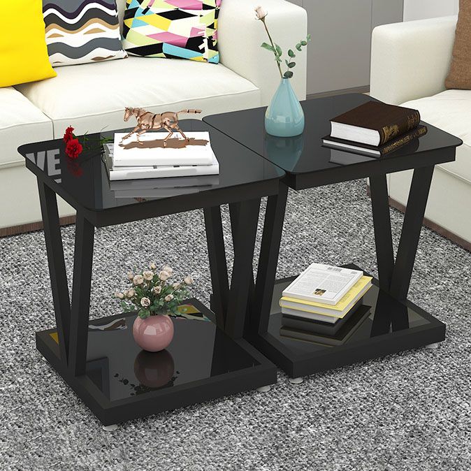 Square Glass Top Side Table 23.6" Tall Steel Trestle Base End Table with Shelf