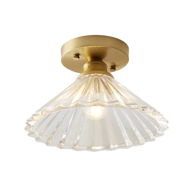 Single Bulb Semi Flush Mount Industrial Cone Clear Textured Glass Ceiling Light in Brass for Living Room