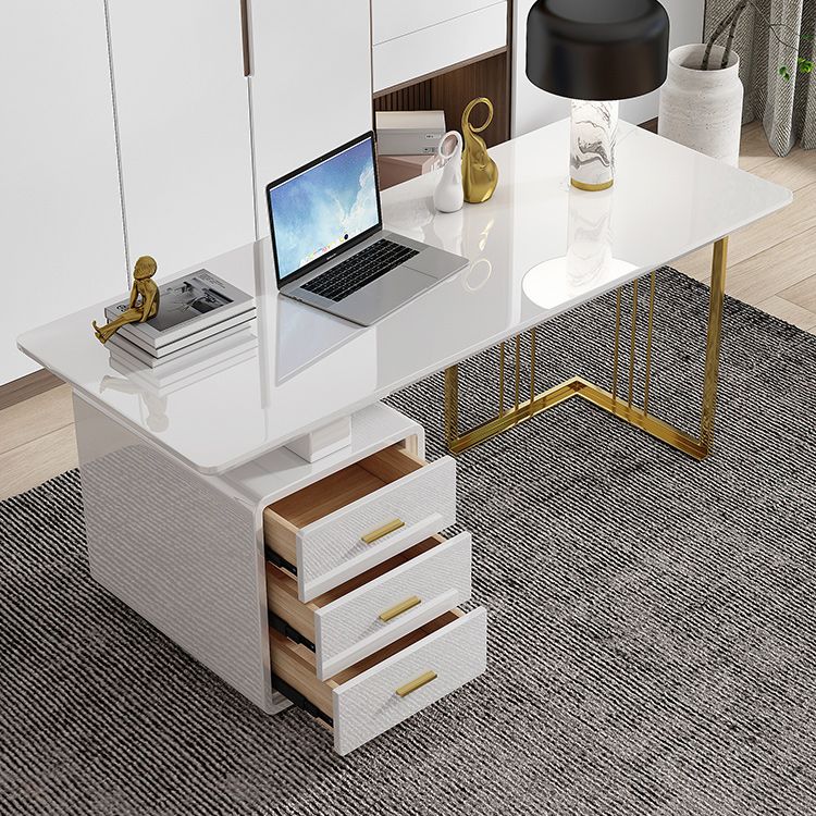 Modern Glass Office Working Table Rectangle Writing Desk with Drawers