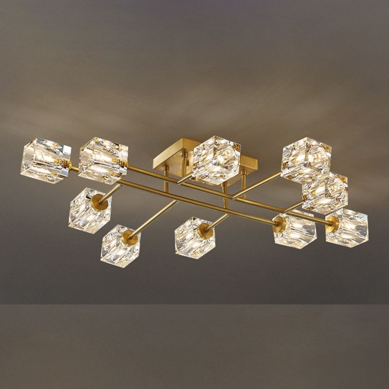 Zeitgenössischer Würfel Flush Light Crystal Flush Mount Deckenbestand in Gold