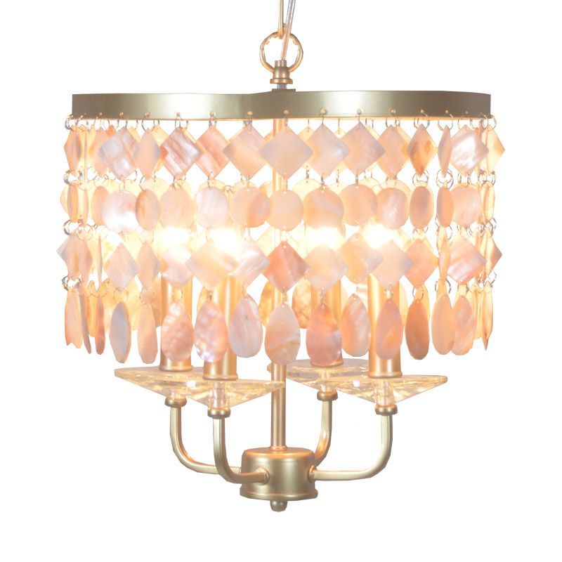 4/6 Bulbs Drum Ceiling Chandelier Traditional Shell Suspended Lighting Fixture in Brass