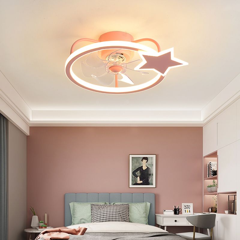 Pink Circular Ceiling Fan Lighting Cartoon Acrylic LED Semi Flush Mount Fixture for Kids Room