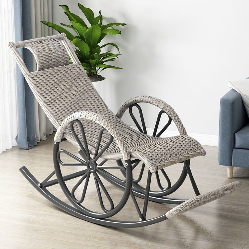 Contemporary Spindle Rattan Rocking Chair Wheel Handrail Design Metal Frame Rocker Chair