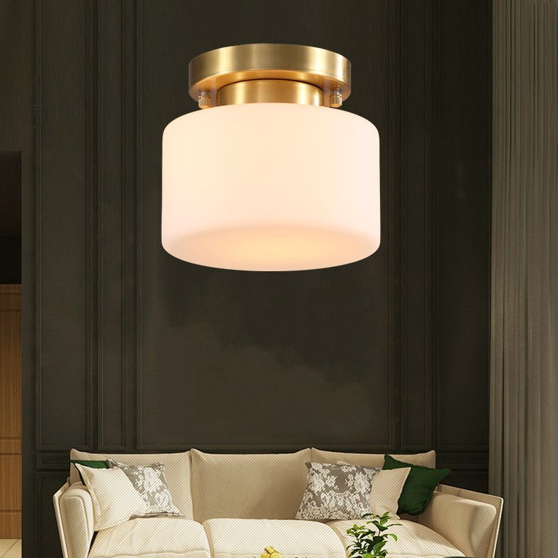 Gold Close to Ceiling Lighting Minimalist Glass Cylinder Semi-Flush Mount