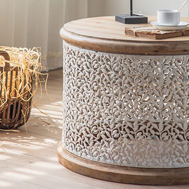 French Country Round Distressed Coffee Table Solid Wood Cocktail Table