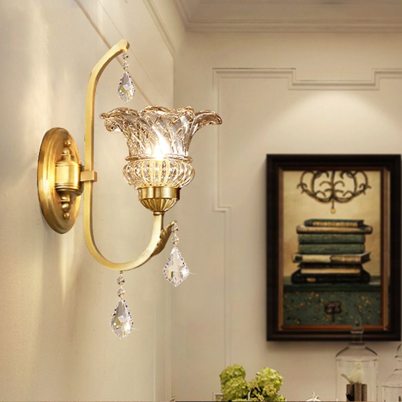 Ruffle Glass Gold Wall Light Floral Antique Wall Lighting Fixture with Crystal Draping