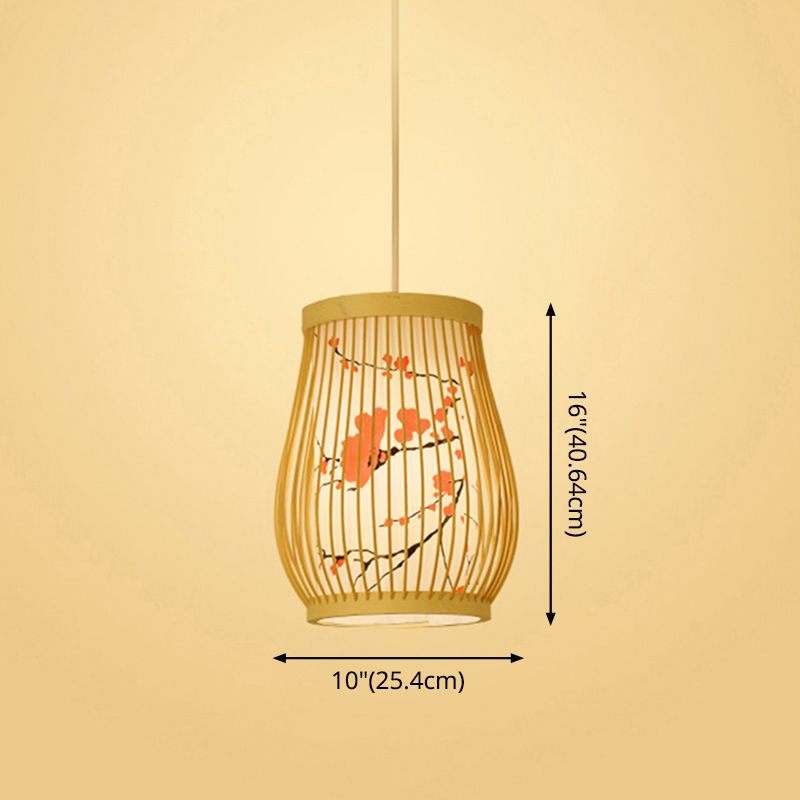 Chinoiserie gewebte Hängende Leuchten Bambus Single Tea Room Deckenleuchte mit Drucklampenkel