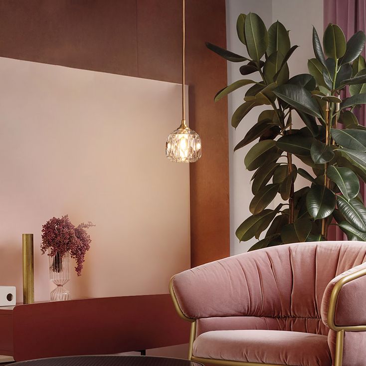 Gold Single Pendant Light in Modern Luxury Style Copper Globe Hanging Lamp with Crystal Shade