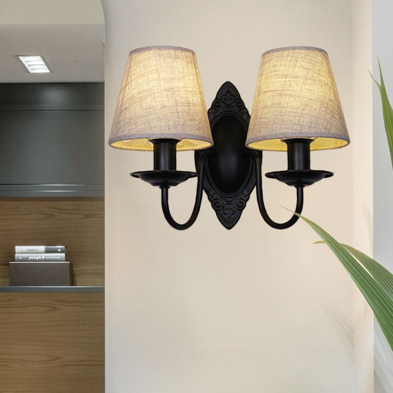 Tapered Bedroom Sconce Light Fixture Rustic Fabric 1/2 Lights Flaxen/White Wall Mounted Light