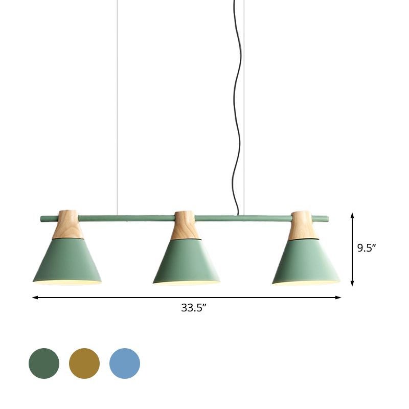 Salle de salle à manger cône Light Fer 3 bulbes Pendentif multim moderne en jaune / bleu / vert avec conception linéaire